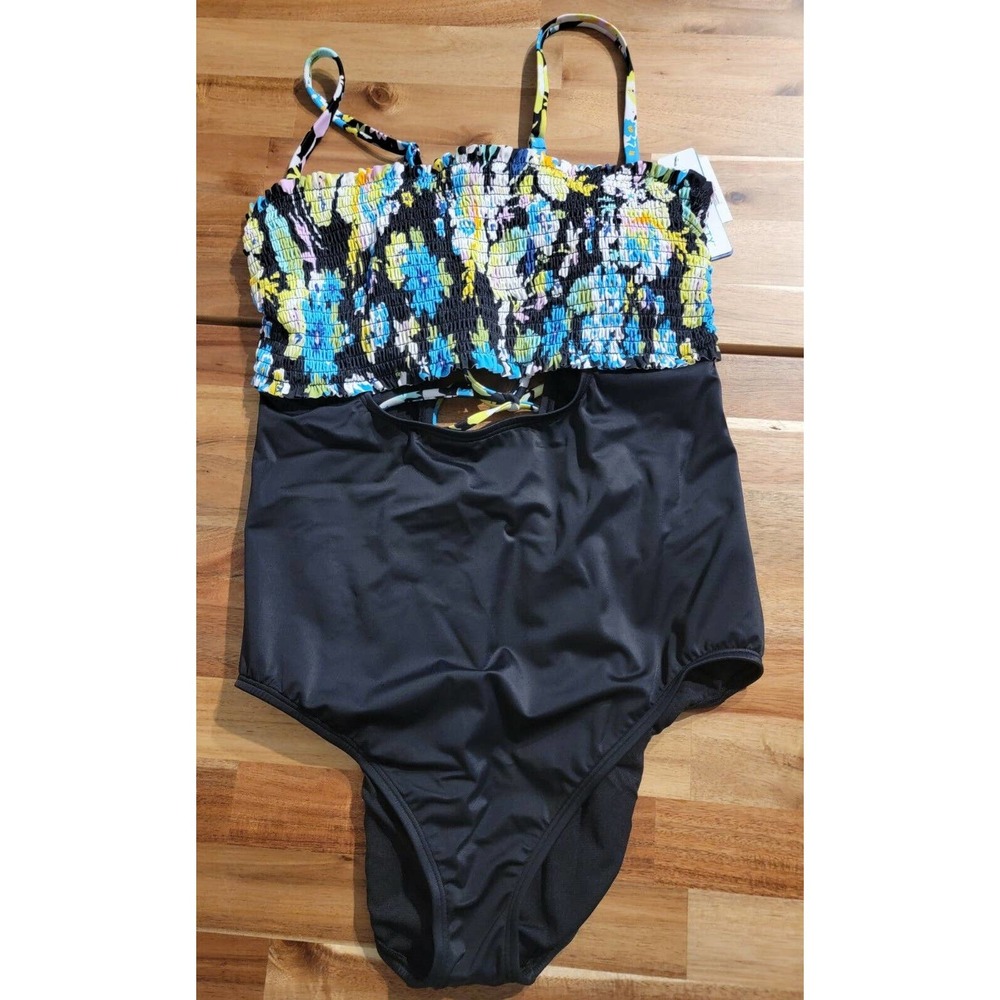 NWT Beach Betty women's One Piece Swimsuit Black Multi colored Floral XL.